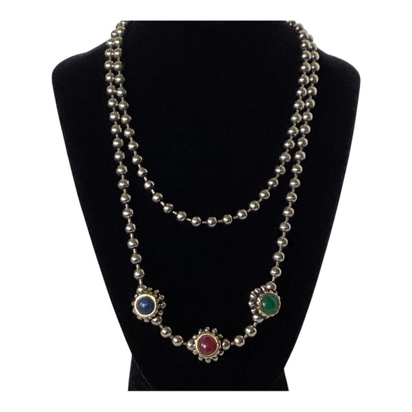 Gripoix Style Silver Tone Bead Ball Chain Multicolor 3 Ball Pendant 18" Necklace - Picture 11 of 16